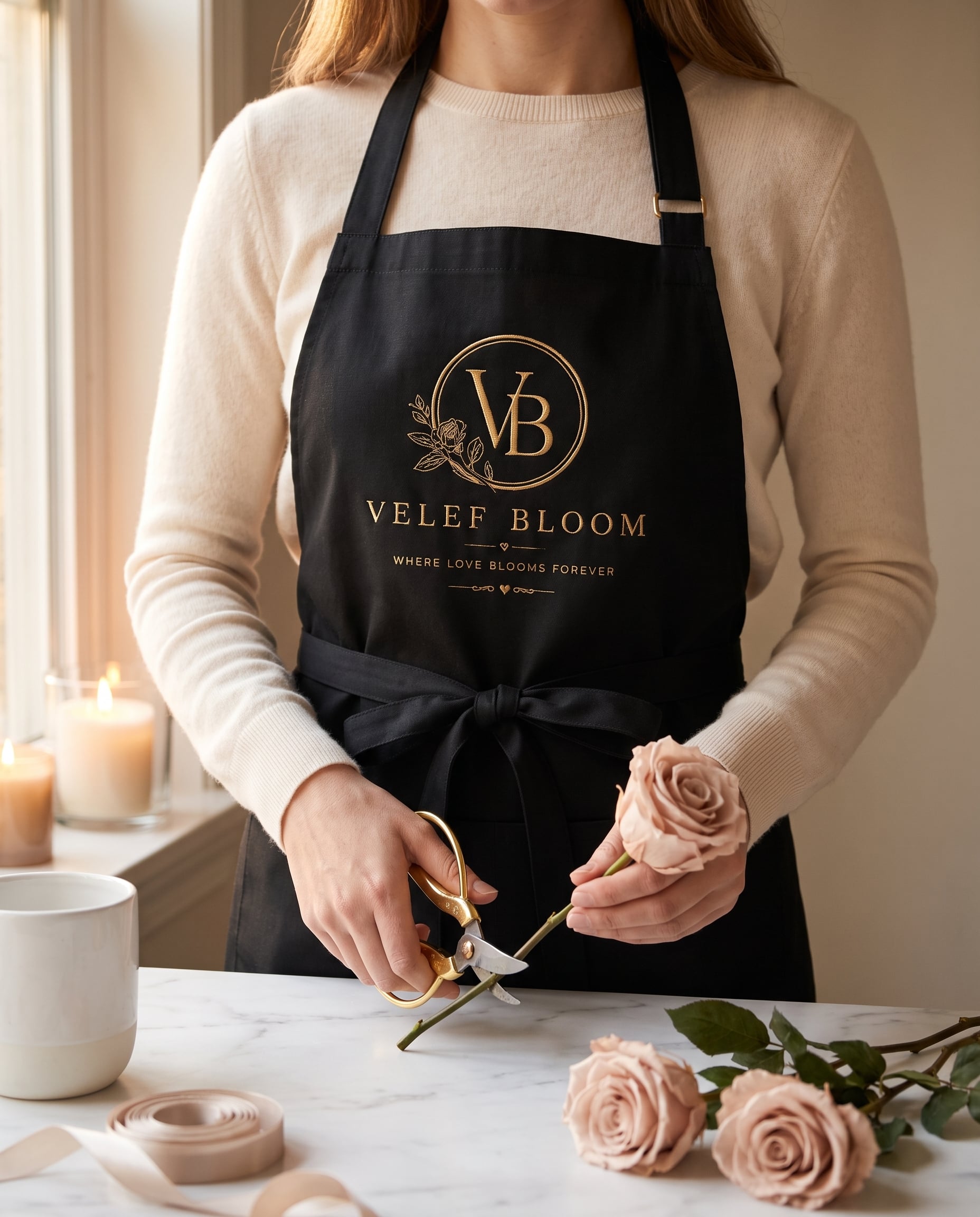 A guest wearing the black Velef Bloom apron with its gold embroidered monogram, trimming the stem of a blush preserved rose