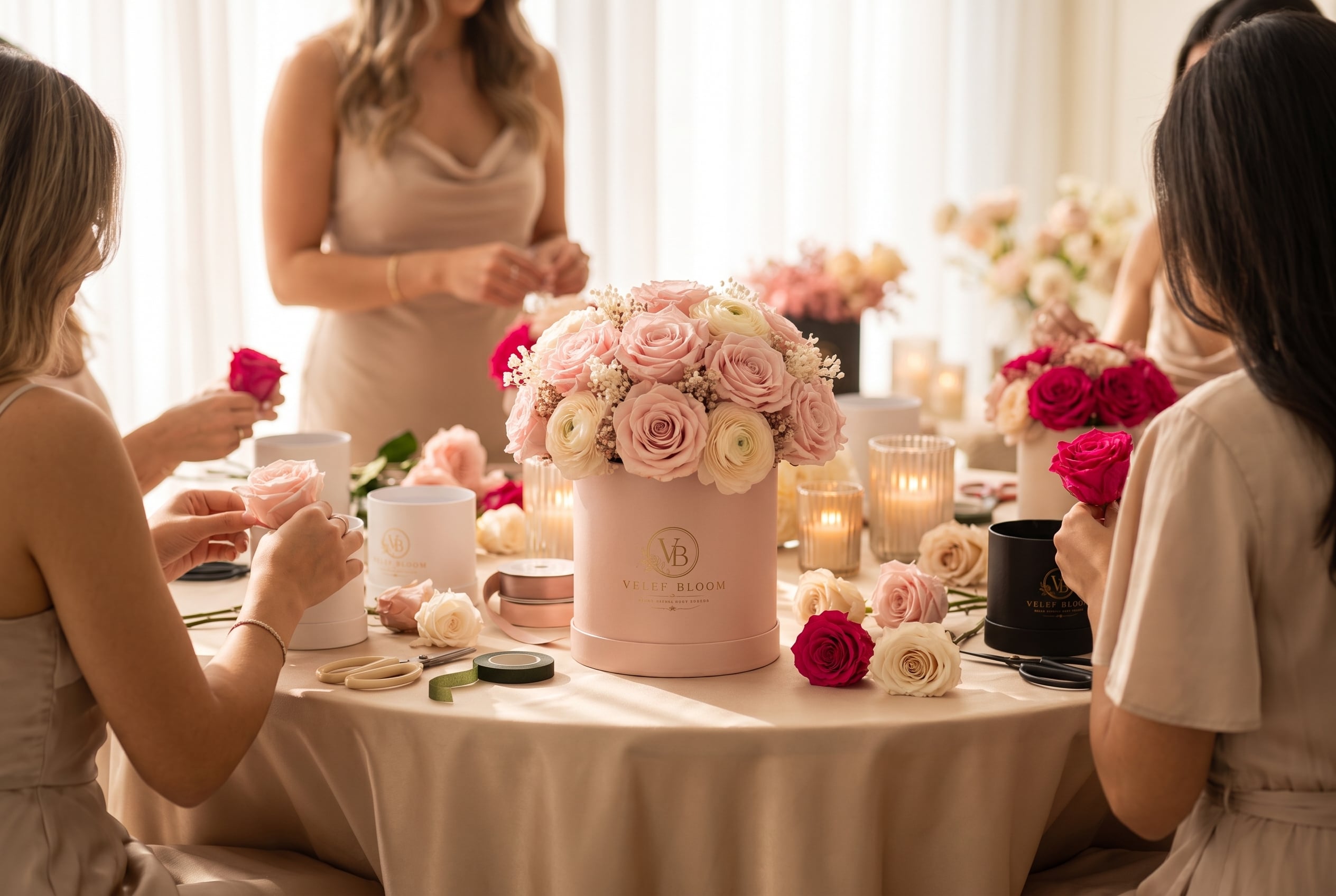 A daytime bridal shower with guests creating blush preserved rose arrangements