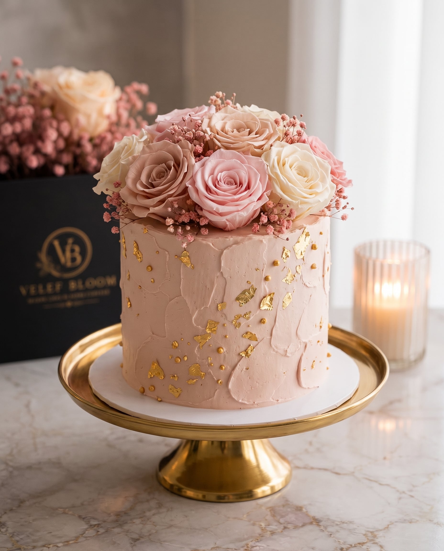 Single-tier blush buttercream cake with gold leaf, crowned with preserved roses in blush and ivory, on a gold cake stand