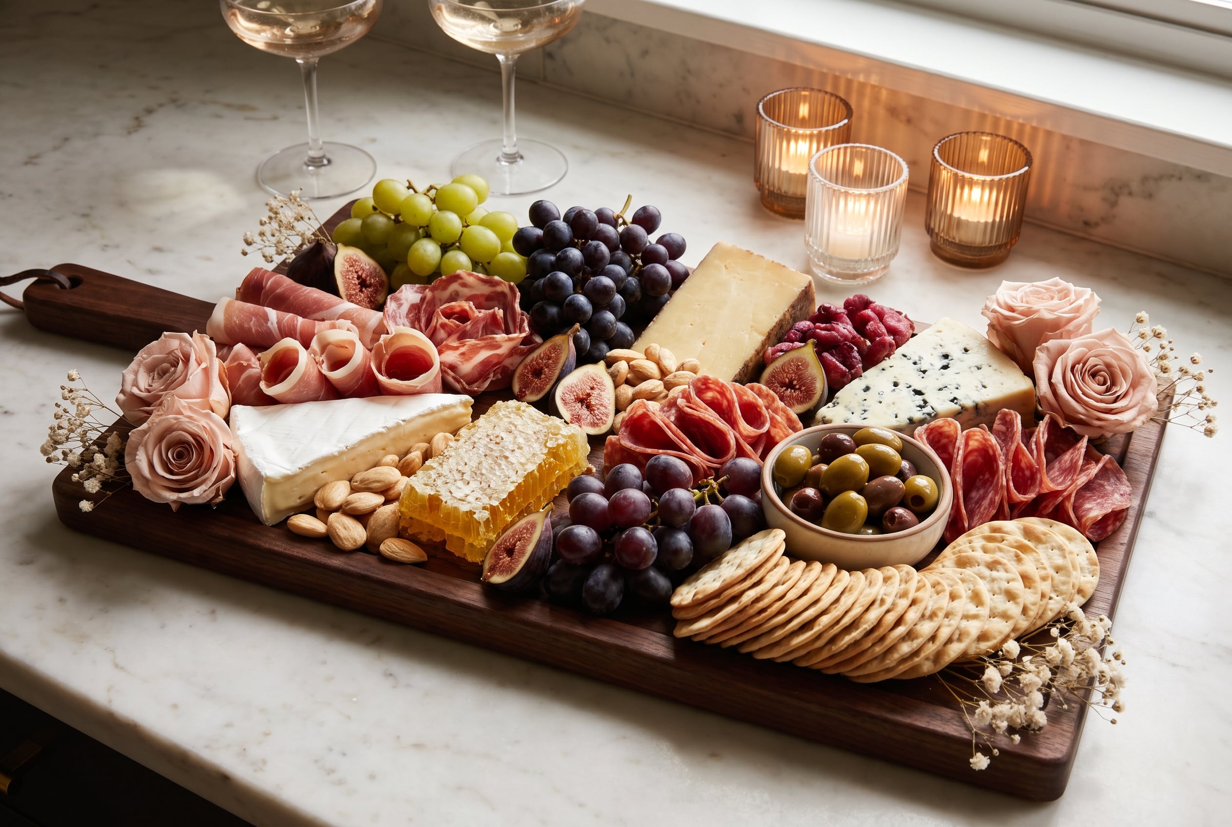 Charcuterie board with cured meats, cheeses, grapes, figs and honeycomb, styled with blush preserved roses at the corners