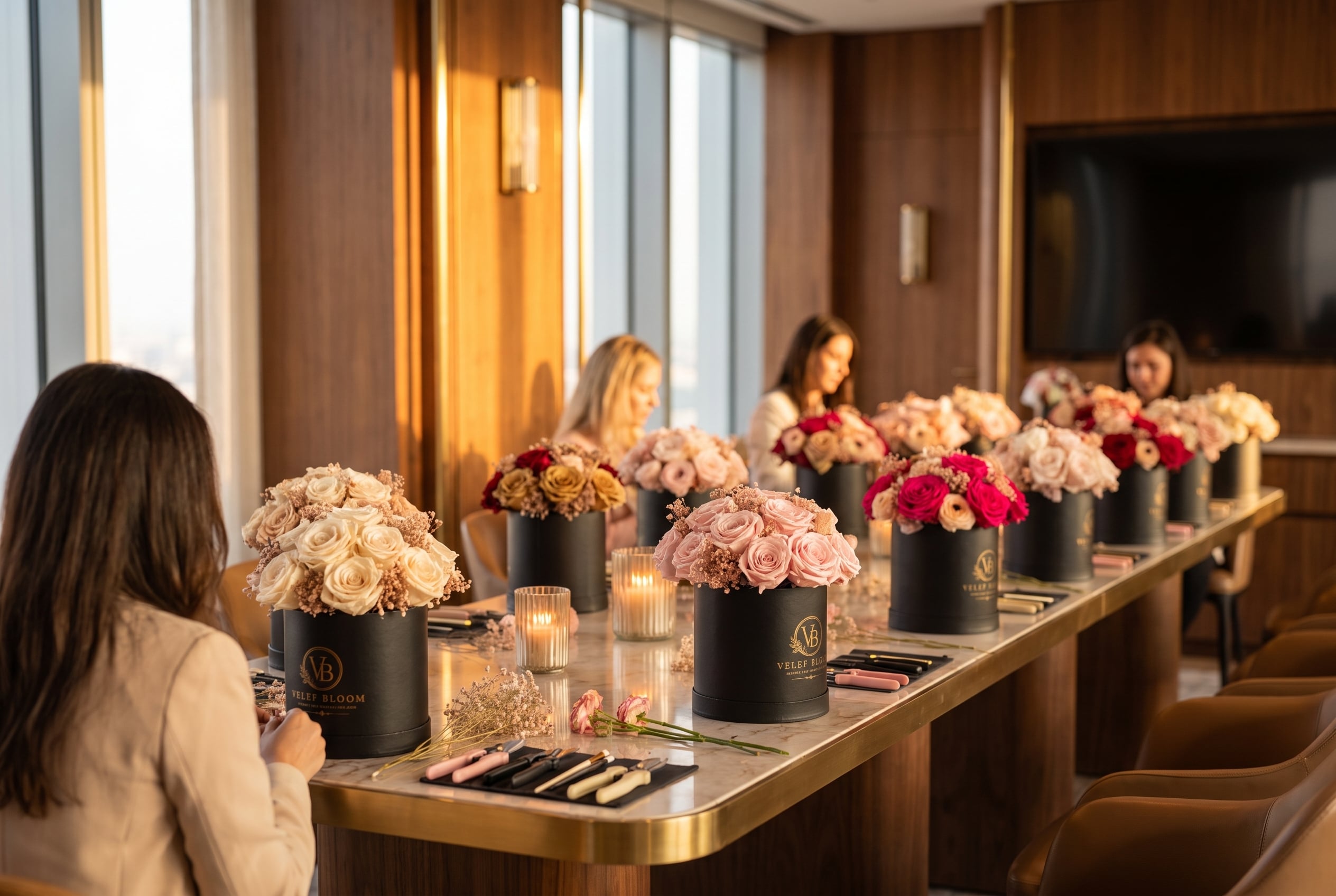 An upscale corporate event space with a communal table set for a floral experience