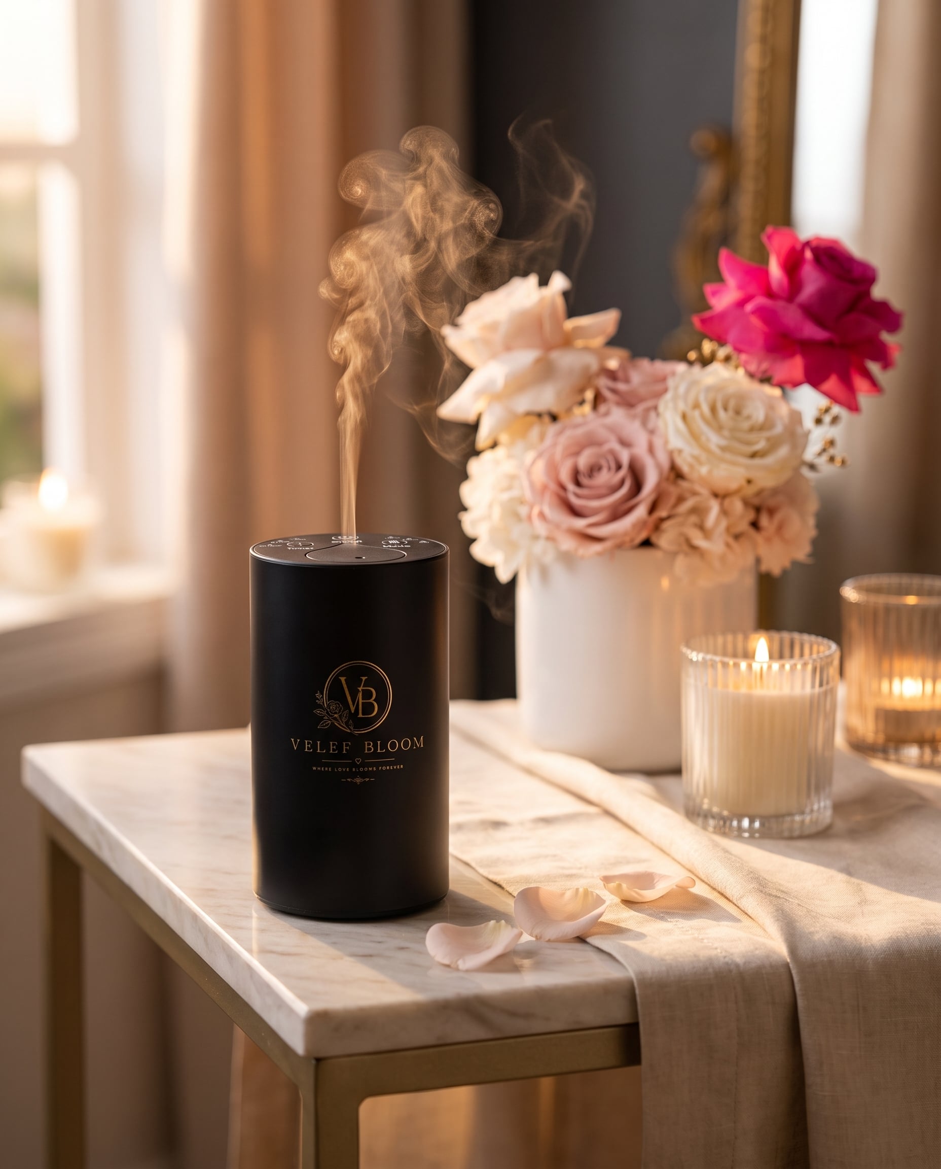Difusor de aroma Velef Bloom negro sobre una consola de mármol, junto a rosas preservadas y una vela encendida, soltando vapor