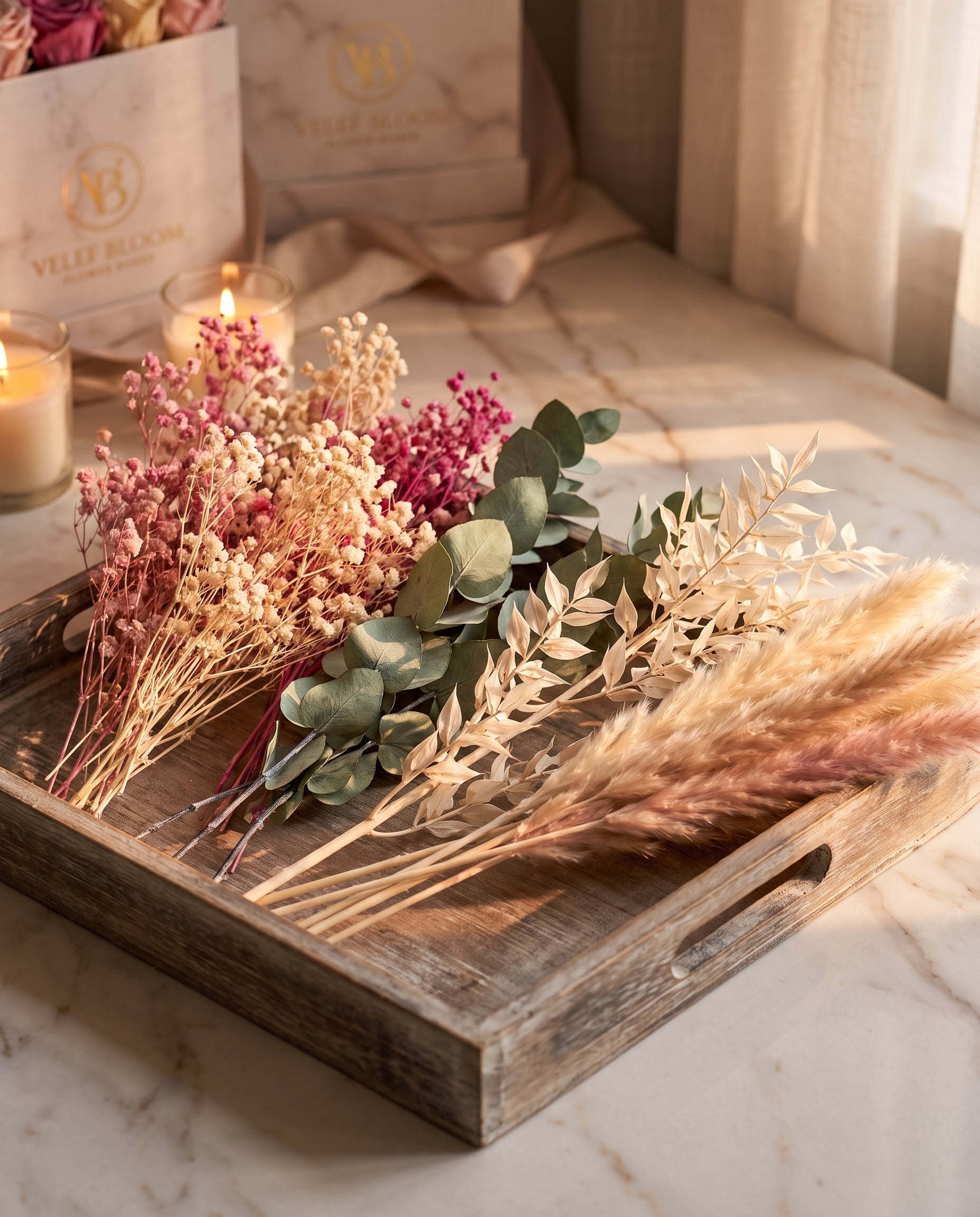 Wooden tray of preserved gypsophila, eucalyptus and dried stems ready to be added to an arrangement