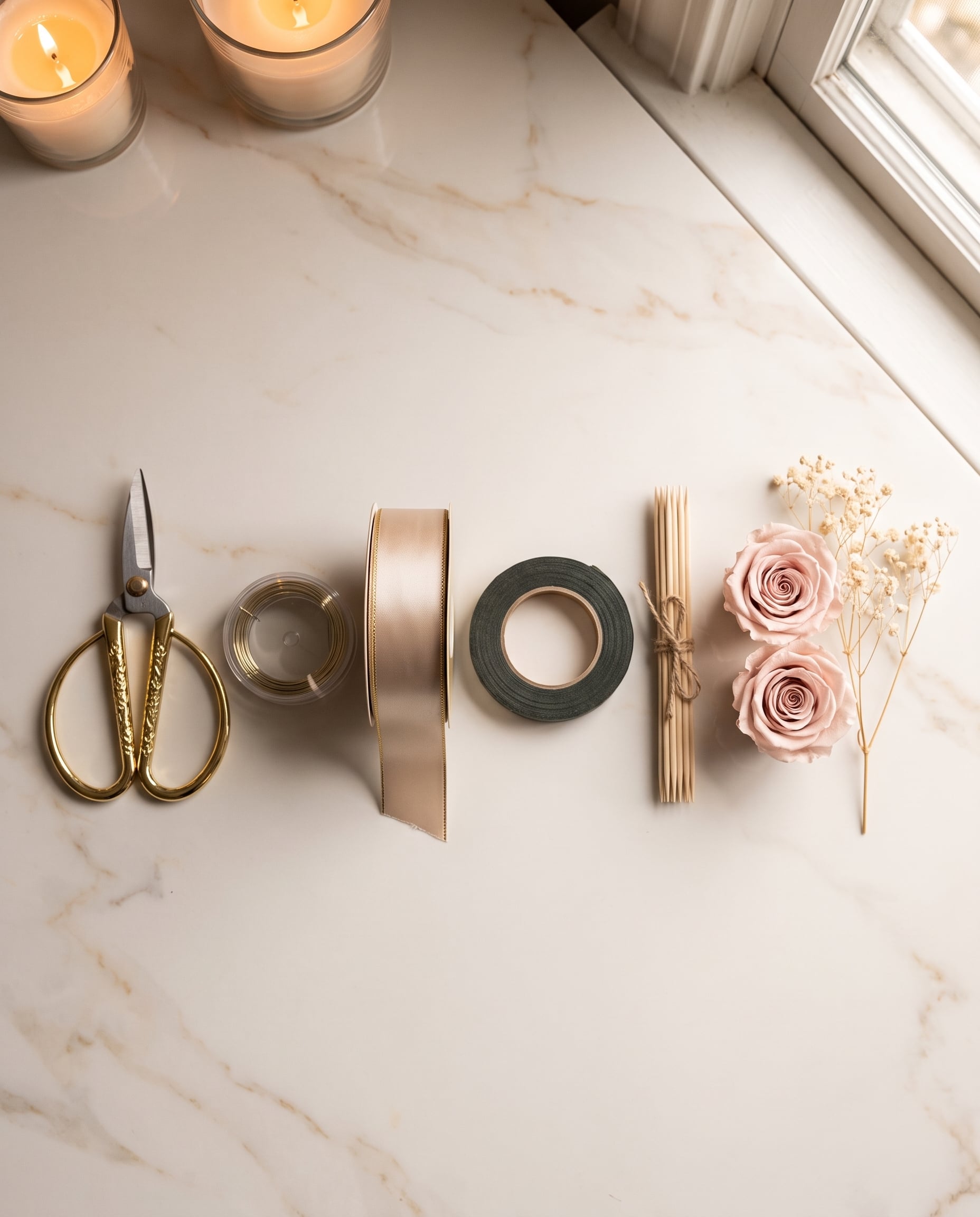 Floral shears, wire, ribbon and tape laid out on marble beside two preserved roses