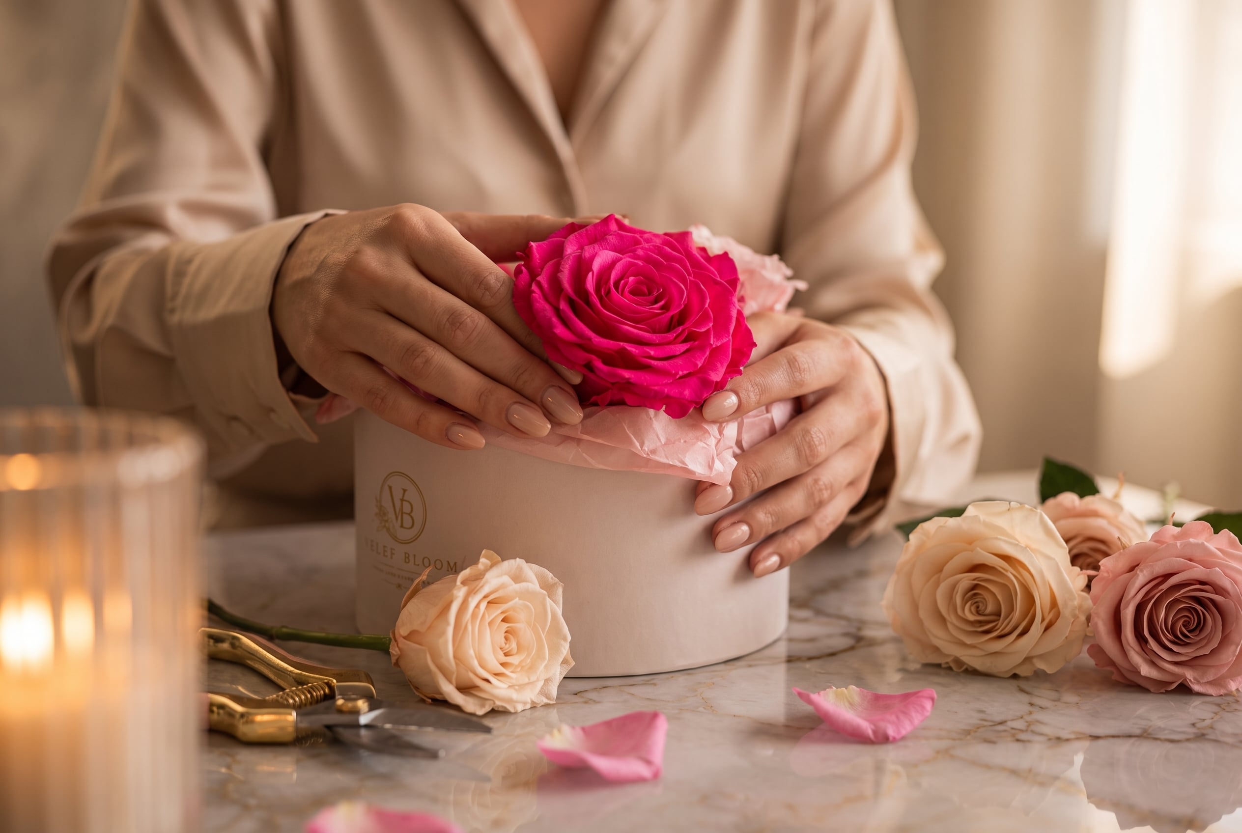 Manos colocando una rosa preservada fucsia en una base blanca de Velef Bloom