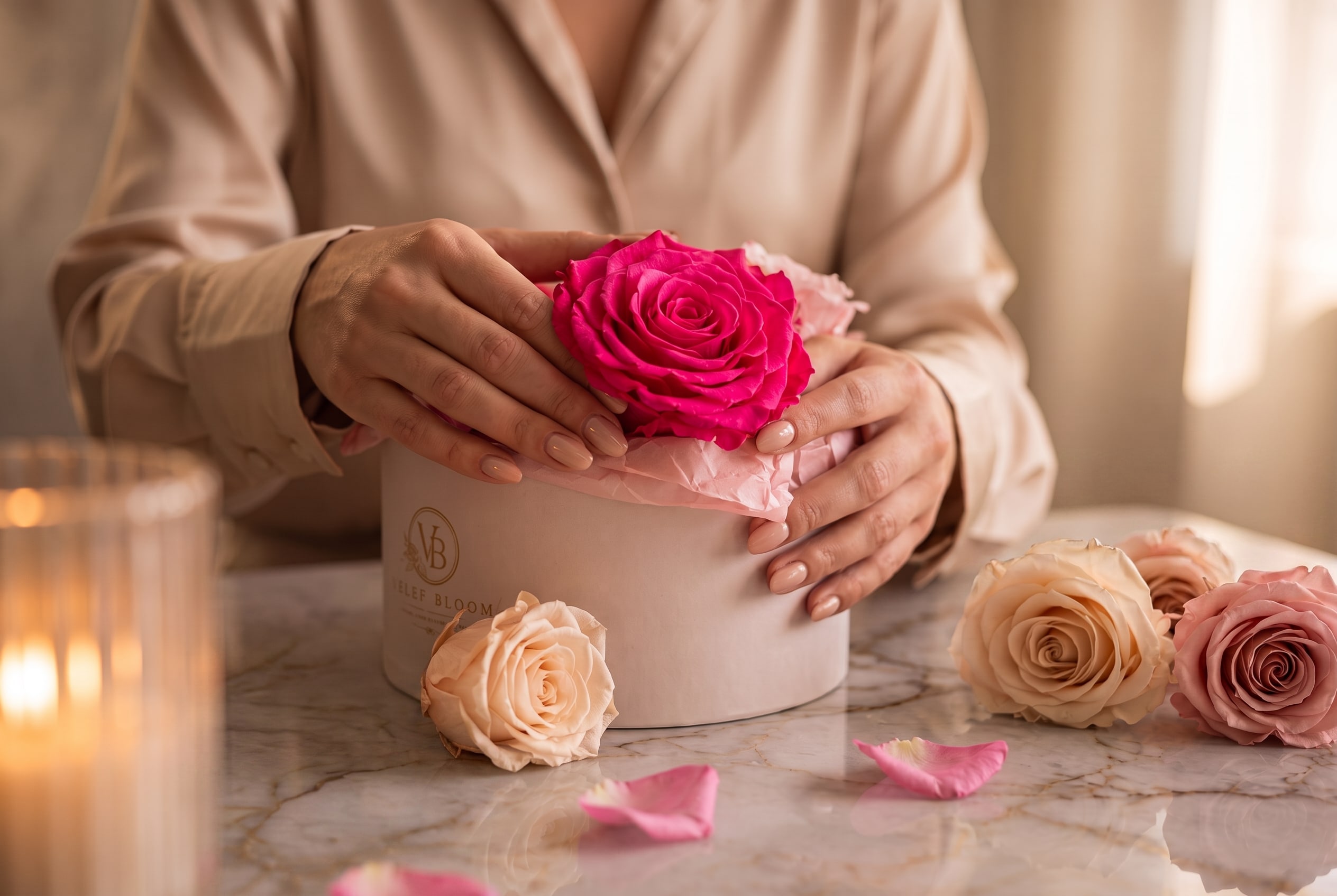 Hands placing a fuchsia preserved rose head into a Velef Bloom box on marble