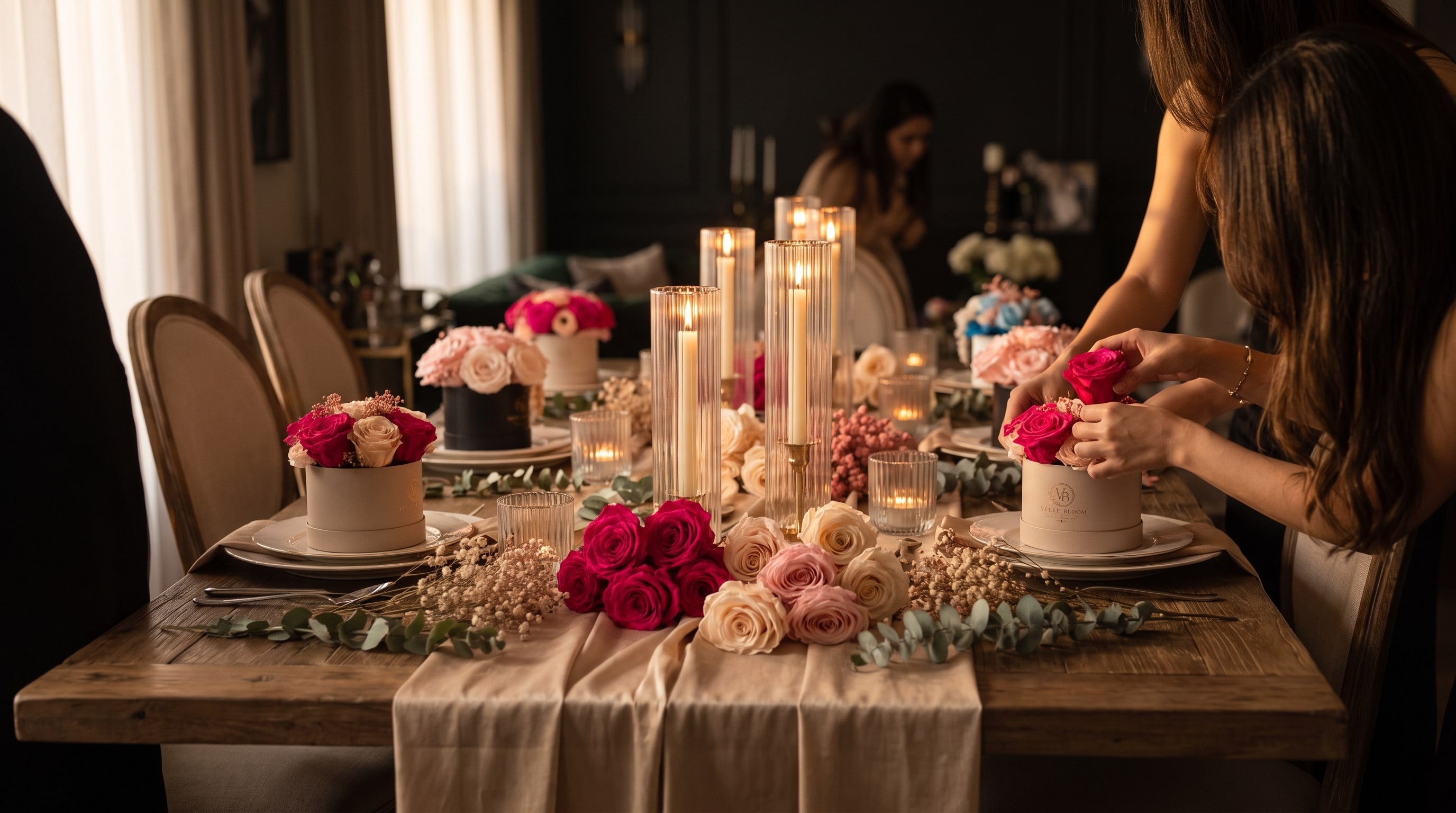Una mesa larga montada con velas para una experiencia floral privada, con invitadas armando arreglos de rosas preservadas