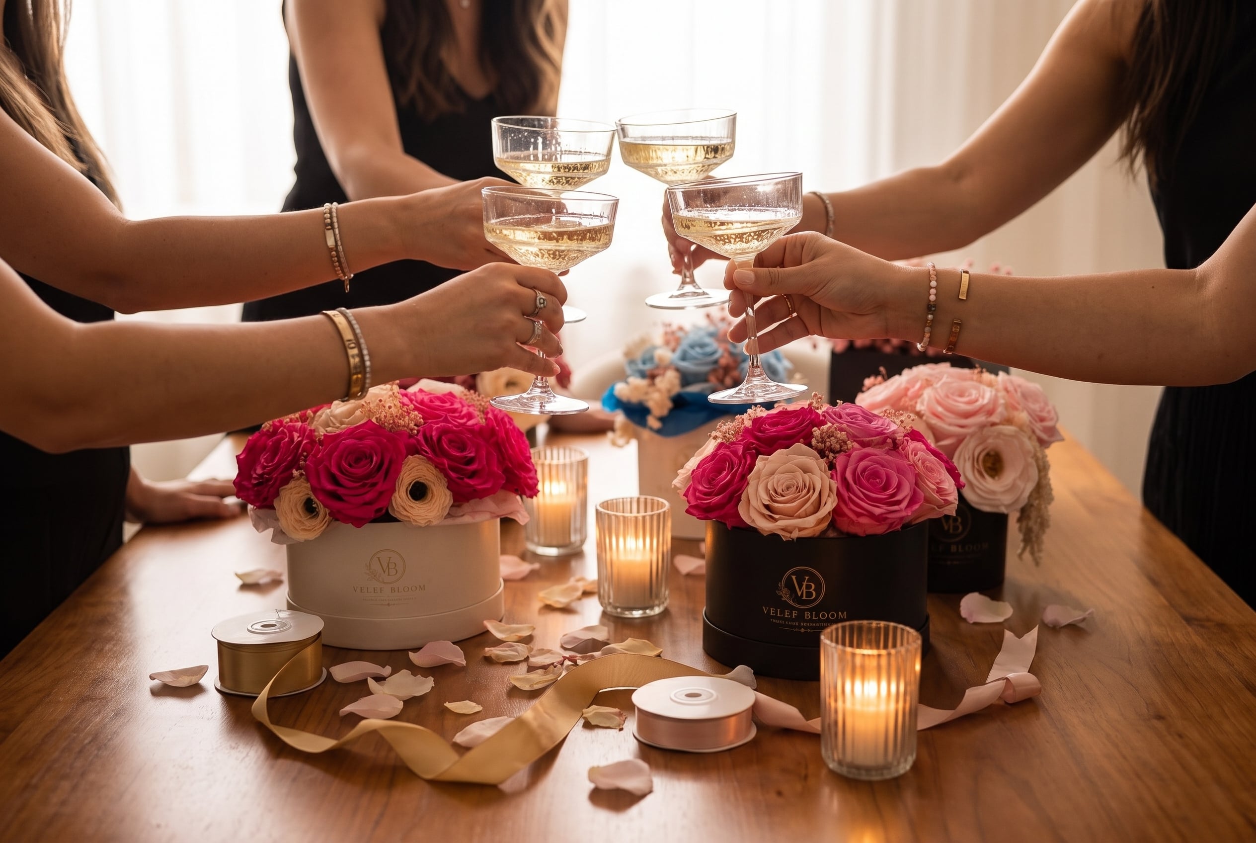 Invitadas brindando sobre una mesa de rosas preservadas en una noche de amigas