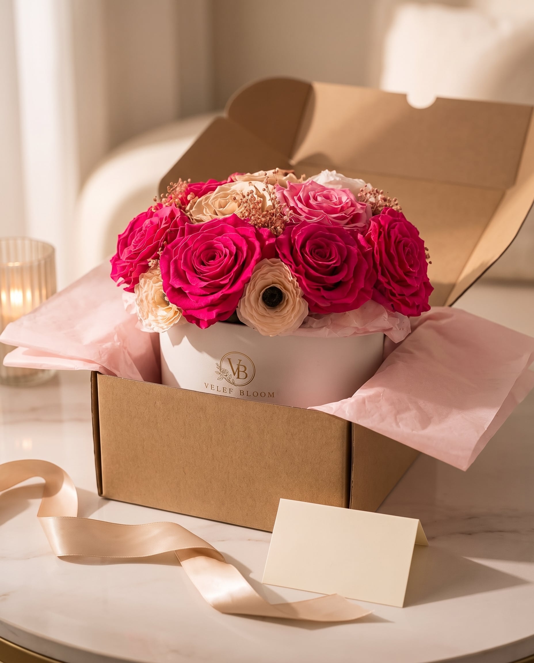 Arreglo terminado de rosas preservadas dentro de una caja forrada, con listón y una tarjeta de regalo