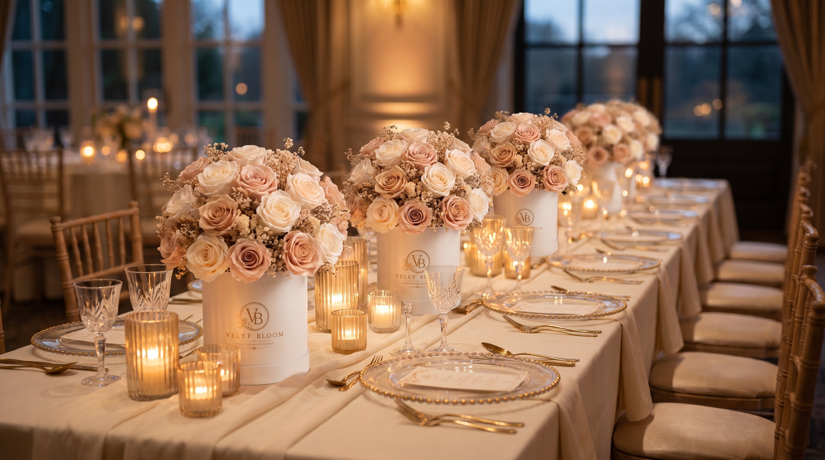A wedding reception table at dusk with preserved rose centrepieces and candlelight