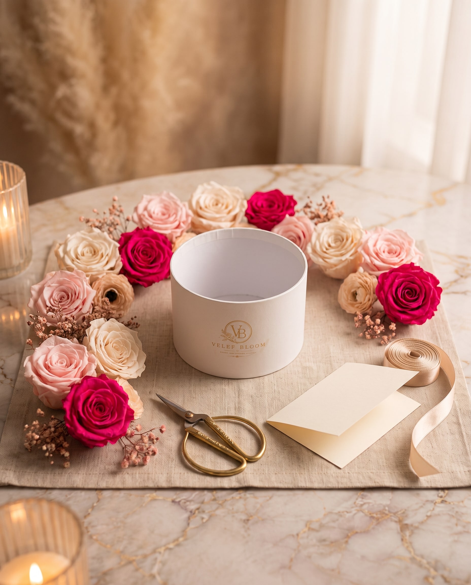 Un lugar montado para una experiencia floral: una base Velef Bloom vacía rodeada de rosas preservadas, tijeras doradas y listón