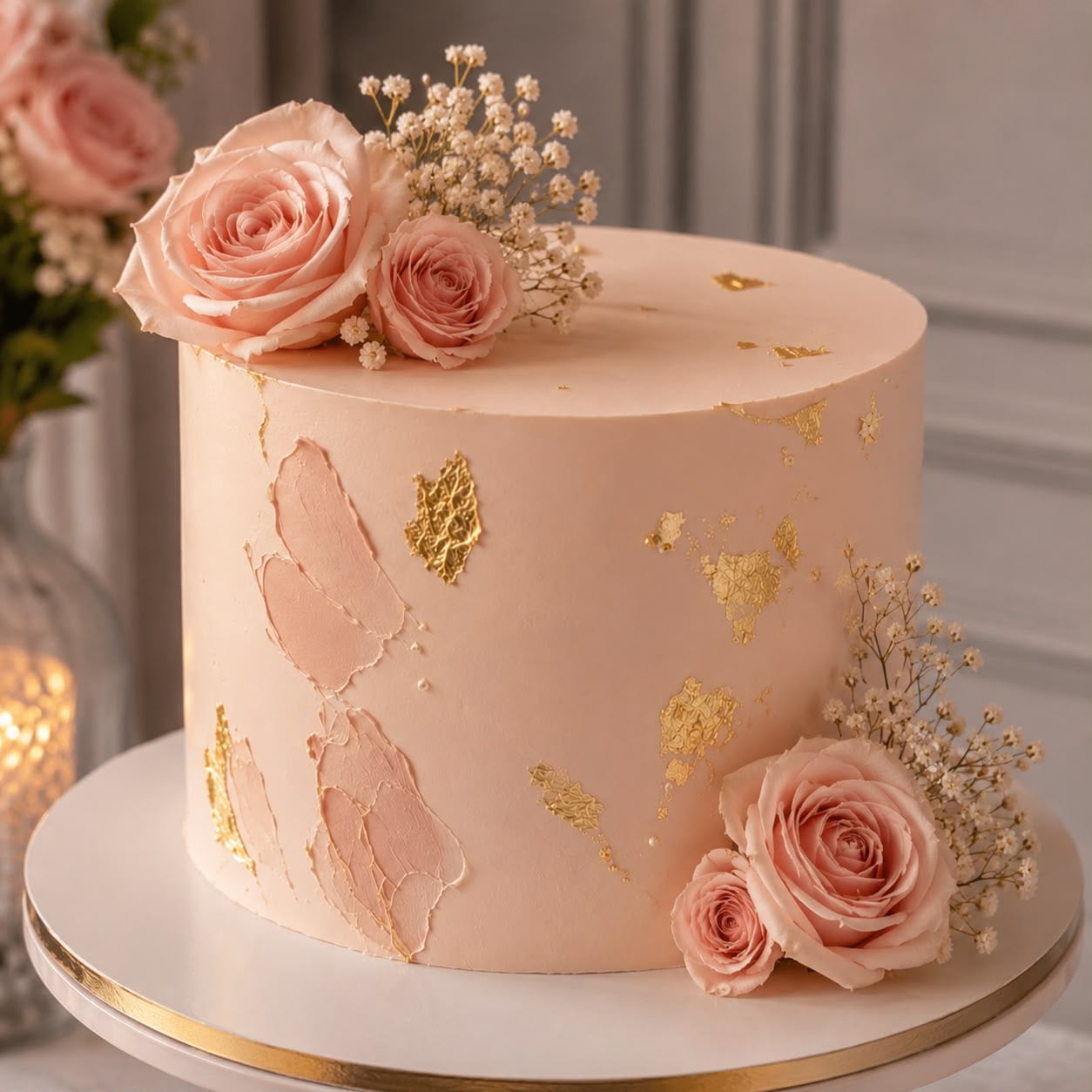 Single-tier blush buttercream cake with gold leaf, crowned with preserved roses in blush and ivory, on a gold cake stand