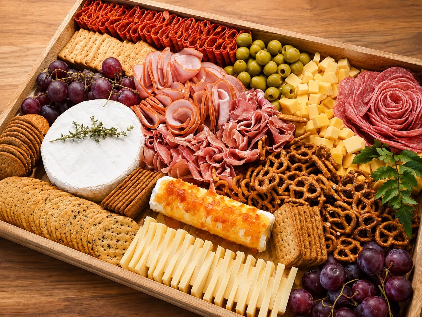 Wooden board with cured meats, cheeses, olives, grapes, crackers and pretzels, arranged for a gathering