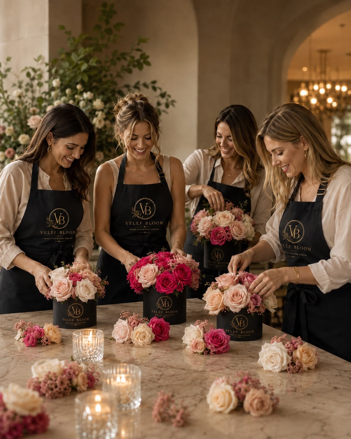 Four guests in Velef Bloom aprons building preserved rose arrangements around a marble table